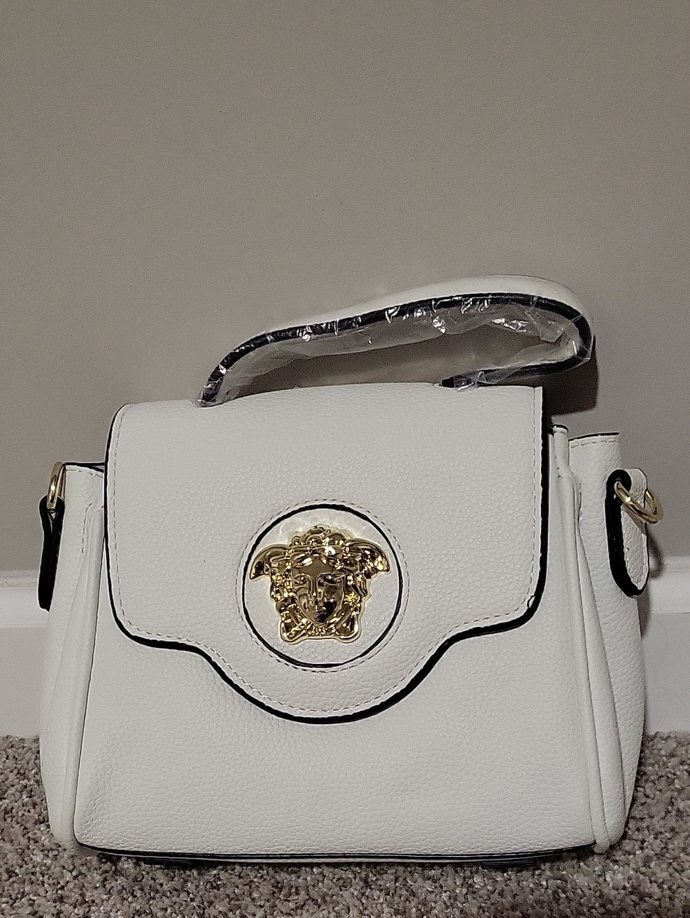 White Versace Satchel with Gold Medallion Accent